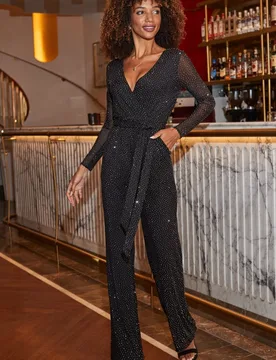 Womens Black Sparkle Wrap Front Wide Leg Jumpsuit - Size 8 Regular - Sosandar - FashionsVida