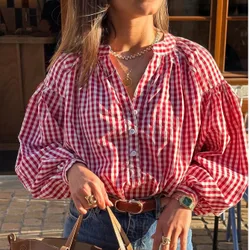 Blusa de estilo campestre francés a cuadros rojos & blancos con mangas abullonadas para mujeres, top suelto de cuello en V con media botonadura delan