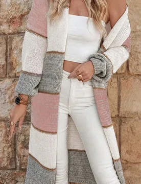 Cardigan informal y holgado de ajuste suelto con bloques de color y dos bolsillos para mujer, Top de manga larga L - Shein - FashionsVida