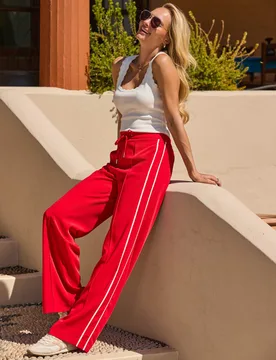 Side Stripe Drawstring Wide Leg Trousers Red Mix female - Sosandar - FashionsVida