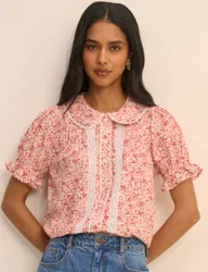 Pure Cotton Ditsy Floral Puff Sleeve Blouse Pink female