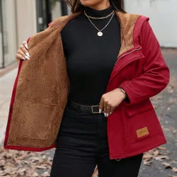 Chaqueta con capucha de forro polar con cremallera para mujer de talla grande, otoño/invierno 0XL