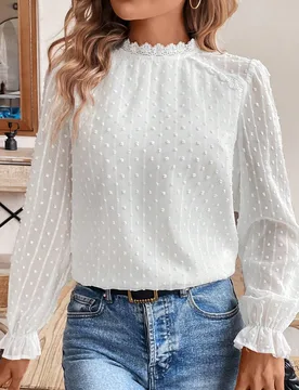 Blusa con mangas abullonadas de tul, encaje y parches de tela, Blusas de manga larga XL - Shein - FashionsVida