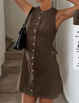 Vestido mini casual y elegante de lino con cierre de botones, cintura ceñida y línea A sin mangas, para vacaciones. Vestidos de verano para mujer co - Shein - FashionsVida
