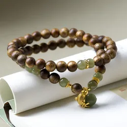 Green Qinan Agarwood Double Circle Bracelet, Natural Hetian Jade Bead Bracelet