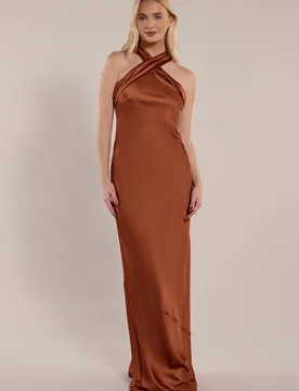 Roma Dress in Cinnamon Satin — Halterneck Maxi Bridesmaid Dress - 8 - Rewritten - FashionsVida