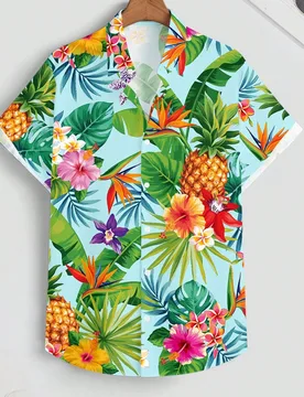Camisa de manga corta de ajuste regular con estampado digital de elementos combinados de plantas tropicales y piñas, de estilo casual y elegante, ade - Shein - FashionsVida