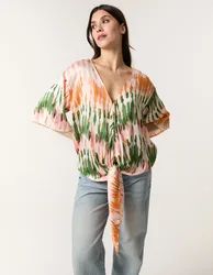Satin Tie Front Blouse - S/M / MULTI - female