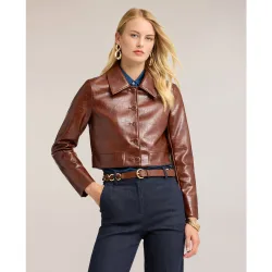 Chaqueta de mujer corta efecto cocodrilo con botones corte corto ajuste boxy
