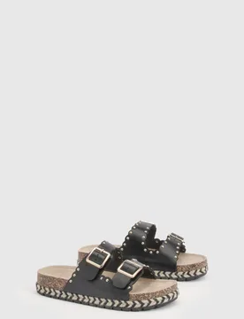 Womens Double Buckle Flatform Studded Sandals - Black - Size Uk 3 - Boohoo - FashionsVida