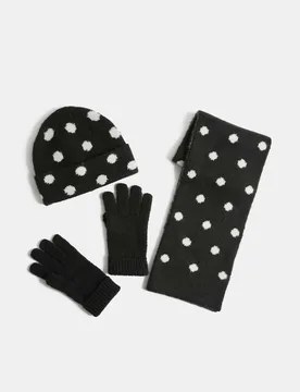 Pk Polka Dot Hat Scarf & Glove Set Black Mix Female - M&S - FashionsVida