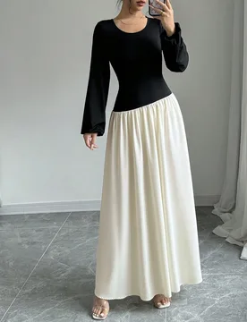 Vestido largo con bloqueo de color, diseño de pliegues y cintura ceñida de estilo americano, atuendo maximalista para mujer S - Shein - FashionsVida