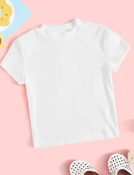Camiseta De Manga Corta De Punto Acanalado Con Cuello Alto Para Niñas En Edad Preadolescente 8Y - Shein - FashionsVida