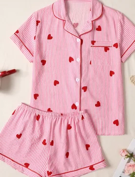 Conjunto de pijama de mujer nuevo de verano con mangas cortas abullonadas, estampado de rayas y corazones, duradero y no deformable, lavable a máquin - Shein - FashionsVida