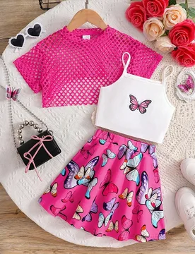 Set de 3 piezas de ropa de verano para niñas, incluye: chaqueta de malla transpirable, top de tirantes con estampado de mariposa y shorts de cintura - Shein - FashionsVida