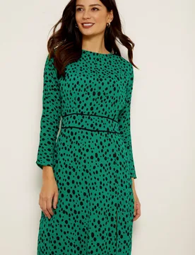 Womens Green Spot Print Waist Detail Dress - Size 8 Uk - Sosandar - FashionsVida