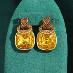 Vintage Yellow Crystal Square Drop Earrings Gold Color Orange Natural Stone Pendant Transparent Designer Luxury Gift