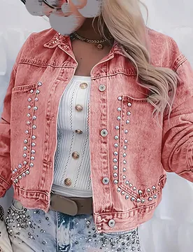 Chaqueta vaquera clásica para mujer ARWY, adornada con pedrería, manga larga, botones delanteros, cuello alto, color rosa, estilo casual. XS - Shein - FashionsVida