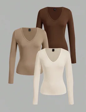 Set de 3 camisetas de manga larga de corte ajustado con escote en V profundo, adecuadas para primavera y otoño XL - Shein - FashionsVida