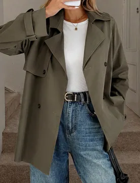 Abrigo gabardina casual de mujer de color liso con cuello de solapa, manga larga y doble botonadura XL - Shein - FashionsVida