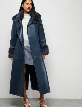 Womens Pu Belted Faux Fur Collar Trench Coat - Teal - Size X-Small - Warehouse - FashionsVida