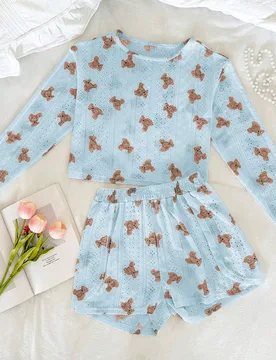 Conjunto de ropa de dormir de mujer con estampado de oso hueco de manga larga, cuello redondo lindo y shorts con abertura lateral, ropa de casa XXL - Shein - FashionsVida