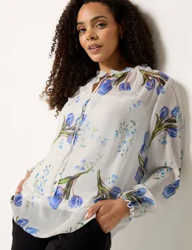 Women's Floral Tie Neck Blouse in Ivory Size: 12 - Ivory - Size: 12 - M&Co - FashionsVida