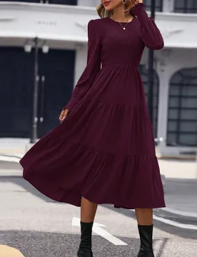 Pieza Vestido de manga abullonada de color liso, cintura ceñida, adecuado para atuendo de mujer borgoña de manga larga y largo para otoño S - Shein - FashionsVida