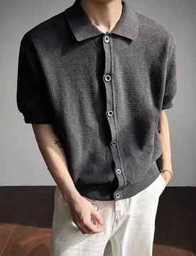 Summer Lapel Breasted Knitted Short-sleeved Men's Cardigan Versatile Simple Casual Commuting T-shirt - Aliexpress - FashionsVida