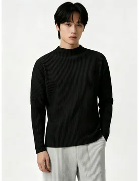 Miyake Pleated Men's Mock Neck Long Sleeve T Shirt Plisse Side Split Drop Shoulder Loose Fit Stretch Casual Streetwear Top - Aliexpress - FashionsVida