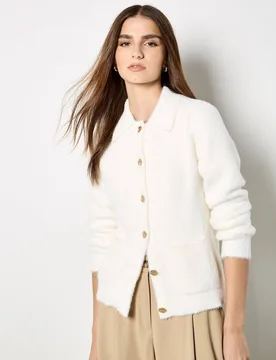Women's Hammered Buttons Fluffy Knit Cardigan Sweater in White Size: 8 - White - Size: 8 - Apricot - FashionsVida