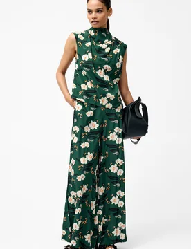 Womens Green Floral Print High Neck Sleeveless Draped Top - Size Medium - French connection - FashionsVida