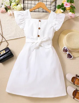 Vestido con botones, volantes y cinturón para niña preadolescente, ideal para vacaciones, verano y viajes - Shein - FashionsVida
