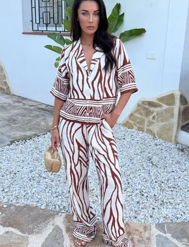 Women's Cream & Brown Abstract Print Wide Leg Trousers Size: 14 - Cream - Size: 14 - AX Paris - FashionsVida