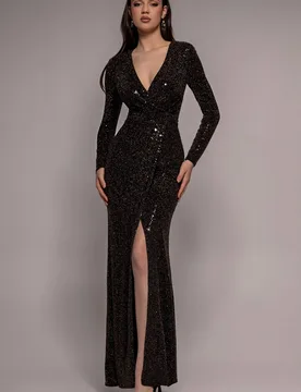 Women's Glitter Sparkling Long Sleeve Wrap Maxi Dress in Black Size: 18 - Black - Size: 18 - Goddiva - FashionsVida