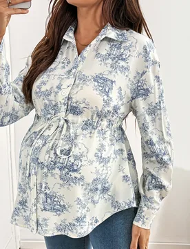 Blusa de maternidad con estampado floral, lazo en la cintura, casual, versátil, para uso diario, salidas, sesiones de fotos, blanca, otoño S - Shein - FashionsVida