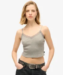 Superdry Damen Kurzes Basic-trägertop mit Spitzenbesatz Grau - Größe: 34-36
