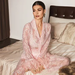 Conjunto de ropa de dormir de encaje sexy y elegante para mujer, con tela de encaje lujosa, pantalones con forro antirreflectante, diseño de solapa ?