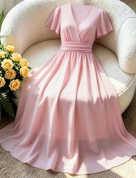 Vestido de mujer talla grande color rosa claro con cuello en V cruzado de gasa, manga corta con volantes, cintura ceñida y falda completa, vestido de - Shein - FashionsVida
