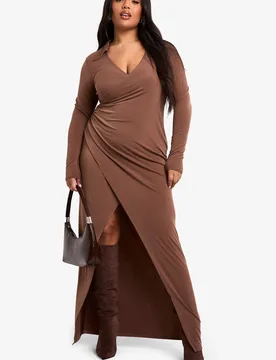 Womens Plus Collared Wrap Ruched Waist Midaxi Dress - Mocha - Size 28 Uk - Boohoo - FashionsVida