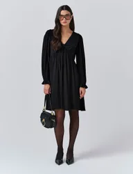 Crepe V-Neck Frill Collar Mini Smock Dress Black female