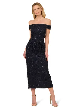 Womens Bead Mesh Peplum Dress - Blue Sequin - Size 8 Uk - Adrianna Papell - FashionsVida