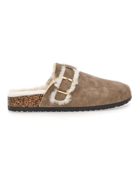 Pantofole taupe con doppia fibbia e interno con pelo 1214 37 - ALTEMBERG - FashionsVida