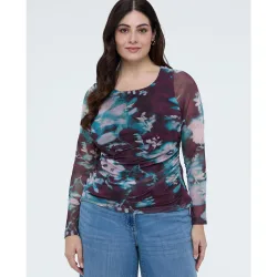Camiseta de mujer de tul con estampado floral drapeado