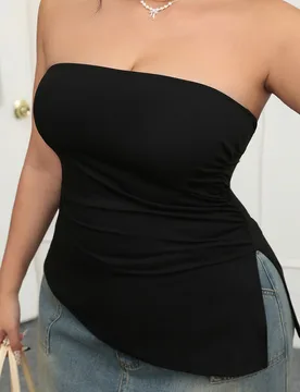 Tamaño Plus Top Elástico Tejido Con Pliegues , Sin Tirantes Y Con Abertura 0XL - Shein - FashionsVida