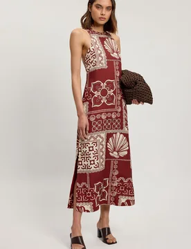 Womens Petite Linen Viscose Tile Print Woven Midi Dress - Brown - Size 16 Uk - Karen millen - FashionsVida