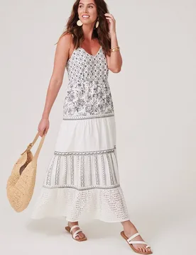 Women's Cotton Blend Panelled Printed Strappy Maxi Dress in White Size: 18 - White - Size: 18 - Klass. - FashionsVida