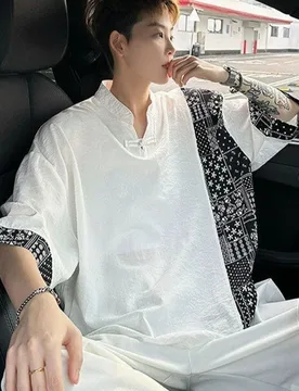 New Chinese Style Men Spliced Short Sleeve T Shirt Summer Fashion Casual Harajuku Vintage 2xl Oversized Clothing Top Black White - Aliexpress - FashionsVida