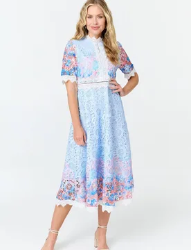 Women's Floral Lace Trim 1/2 Sleeve Midi Dress in Blue Size: 8 - Blue - Size: 8 - Izabel London - FashionsVida