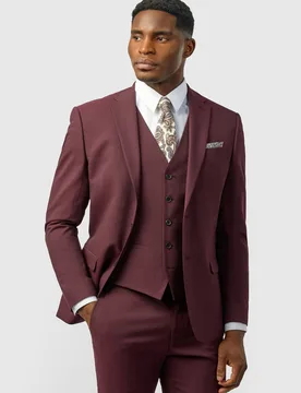 Mens Single Breasted Two Button Slim Fit Suit Jacket - Burgundy - Size 50 (Chest) - Limehaus - FashionsVida